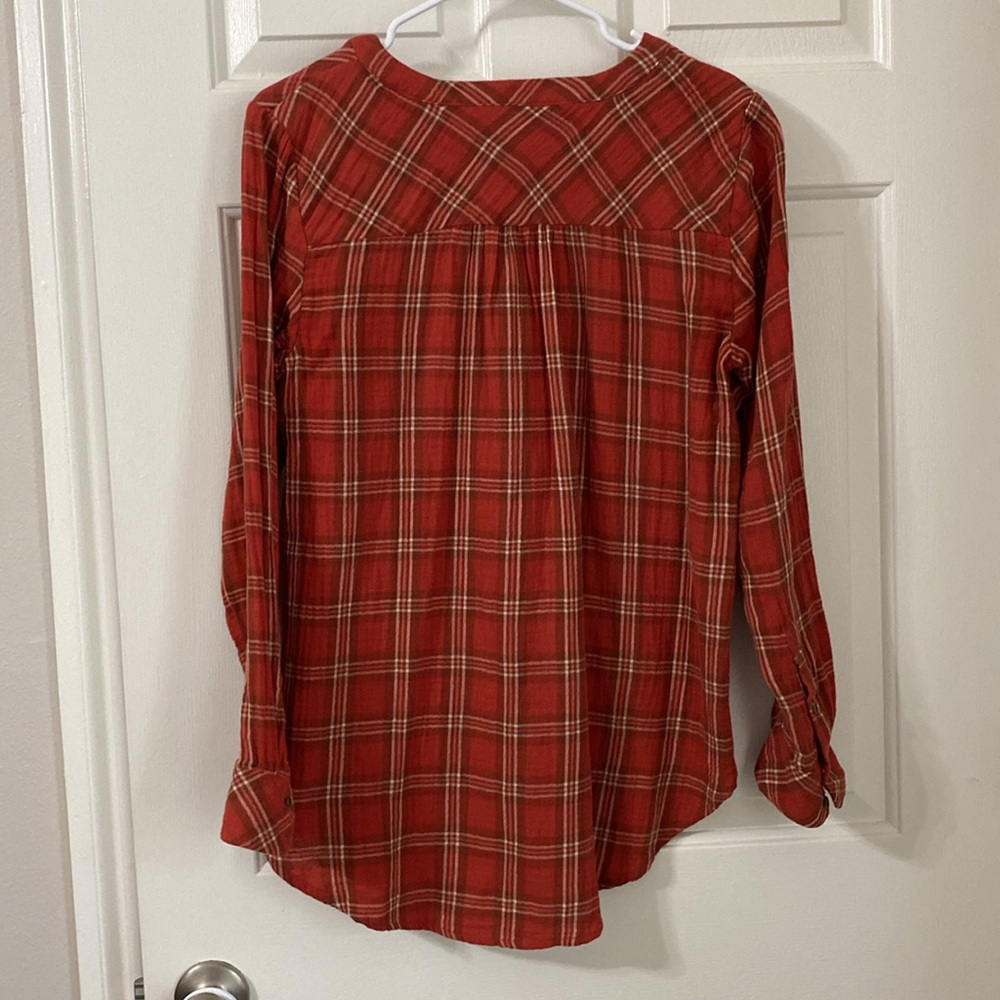 Universal Threads long sleeve button up Y neck fall orange plaid womens shirt - Picture 7 of 8
